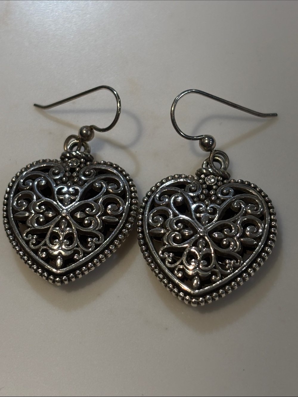 Filigree Heart Dangle Earrings Silver-Tone Openwork OS